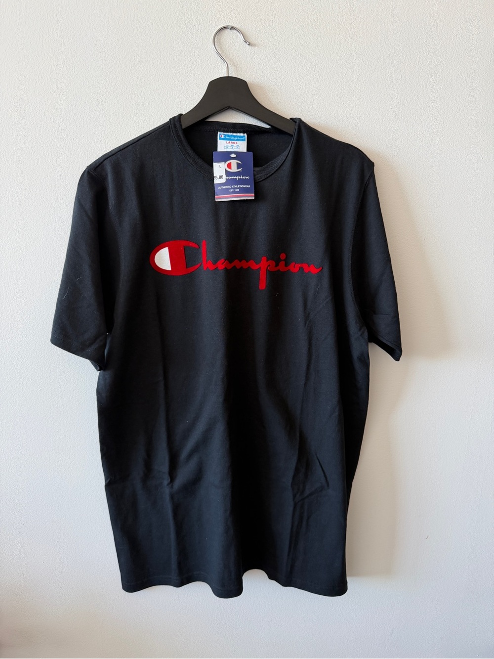 Champion Classic Script Logo T-Shirt, Black – Size L (NWT)